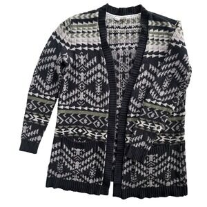 Roxy XS/S Black Green Gray Aztec Boho Geometric Knit Open Front Cardigan Sweater